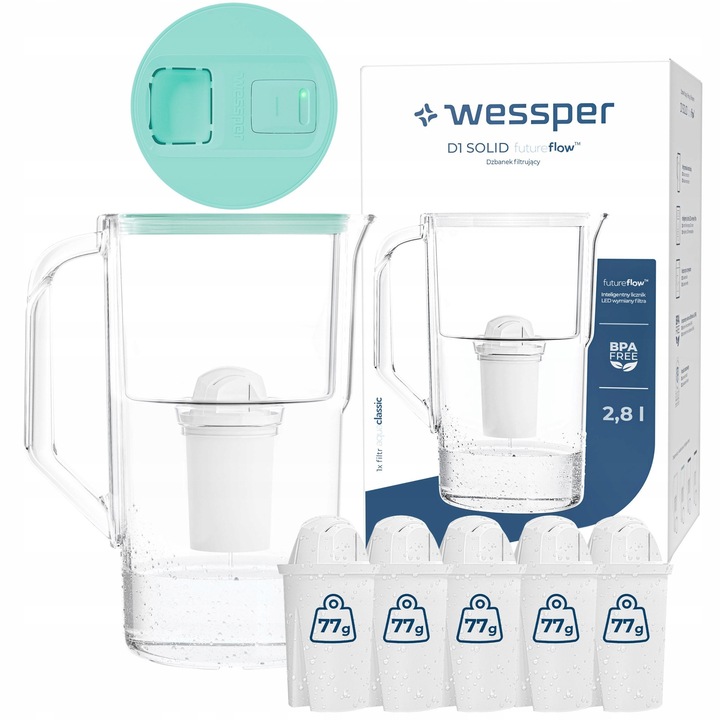 Cana filtranta Wessper D1 SOLID FutureFlow 2,8l, 6 filtre aquaclassic, BPA Free, 14x14x28cm