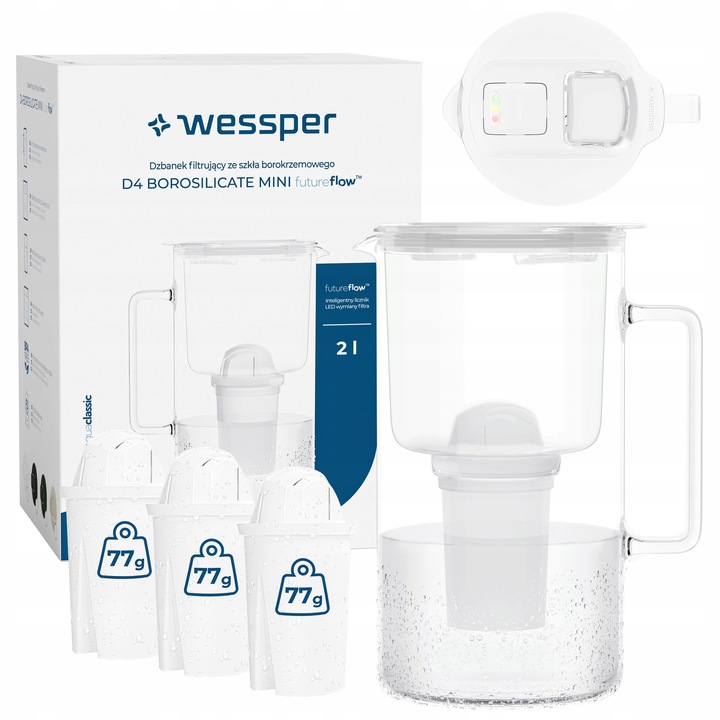 Купете комплект от 4 филтъра с филтърна кана Wessper D4 BOROSILICATE mini futureflow, 2 л, бяла, 24,5x11,5 см