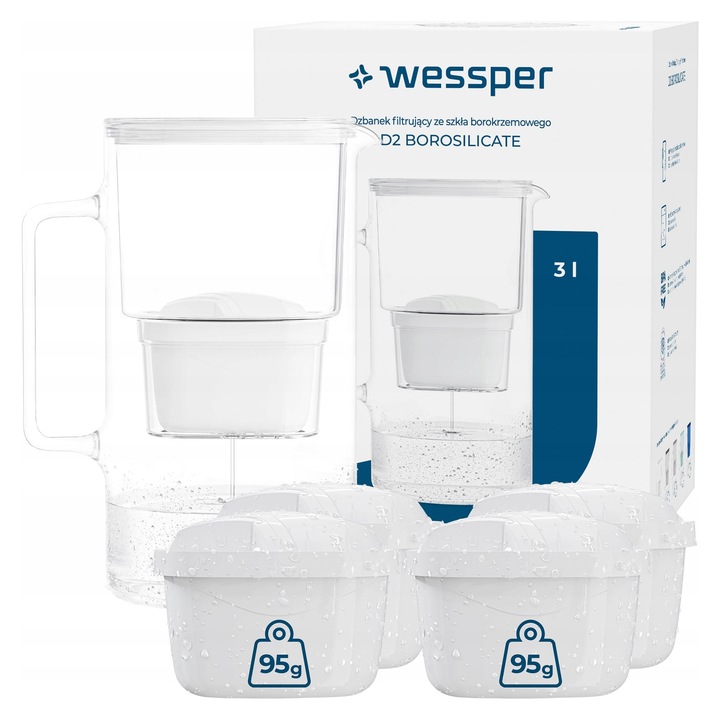 Cumpara set de 5 filtre + cana filtranta Wessper D2 borosilicata 3L alba, capacitate 1,9L apa filtrata