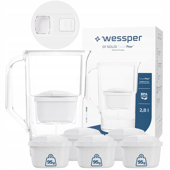 Cana filtranta Wessper D1 SOLID FutureFlow 2,8l, alb, set cu 6 filtre aquamax