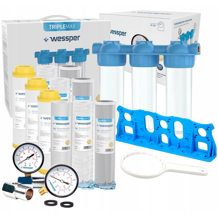 Sistem filtrare apa Wessper Triplemax 3/4", 3 etape, 10 cartuse filtrante, 2L