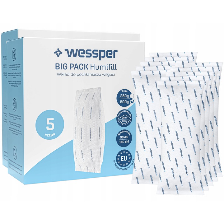 Вложка за абсорбиране на влага Wessper Humifill 500g, комплект 10 броя, за помещения до 40м2, продължителност на употреба 3 месеца