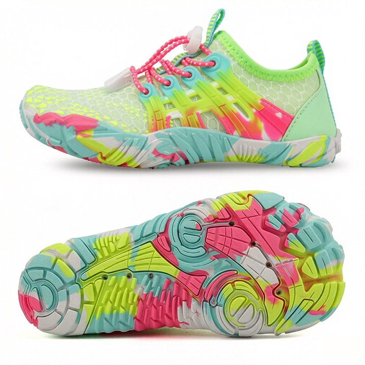 Pantofi de plaja si apa pentru copii, 28EU, Pentru inot, unisex, Antiderapanti, rezistenti la uzura, respirabili, cu talpa amortizoare, uscare rapida si drenaj eficient, ultraportabili, potriviti pentru activitati in interior/exterior: alergare, Verde