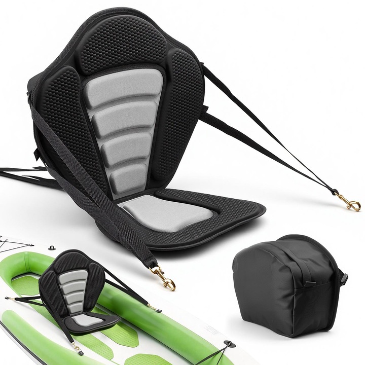 Scaun pentru caiac cu spatar ergonomic, pernita moale 12 mm, geanta de depozitare impermeabila, negru & gri, 525x450x310mm, set