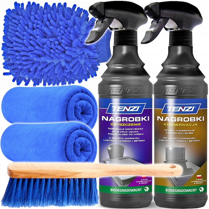 Set de curatare Tenzi pentru morminte, 2 produse de curatare 0.6L, manusa microfibra, carpa microfibra 30x30cm 2 bucati, multicolor