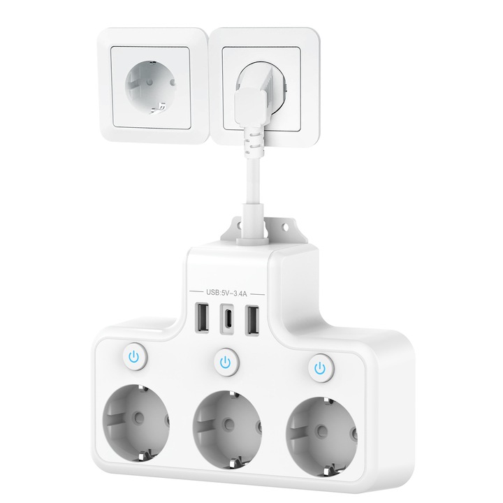 Prelungitor de 4000 W, prelungitor USB scurt cu 3 orificii, priza de incarcare rapida, priza de perete cu porturi USB-A si USB-C, alb