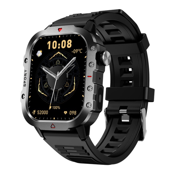Prémium okosóra, 2.01 hüvelykes, HD retina érintőképernyő, sportmódok, SpO2/vércukorszint monitorozás, alváselemzés, Bluetooth hívások, vízálló, 10 napos akkumulátor-élettartam, Fekete