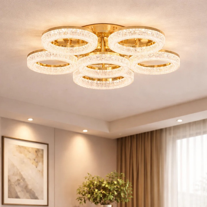 Lustra LED RFAN, Model K3536/5+1AGD, Cu Telecomanda, 3 Tipuri De Lumina, Intensitate Reglabila, 120W, Auriu