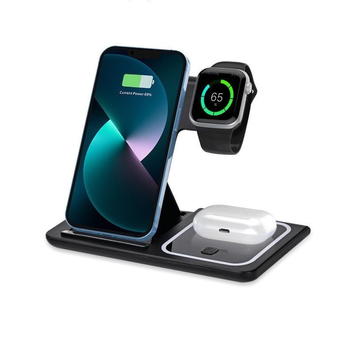 Suport de Incarcare Wireless Magsafe Multifunctional 15WPD,3-in-1, incarcare magnetica, suport de birou pliabil, ultra-subtire si portabil, senzor de inalta sensibilitate, poate incarca telefoane mobile, ceasuri si casti in acelasi timp, Negru