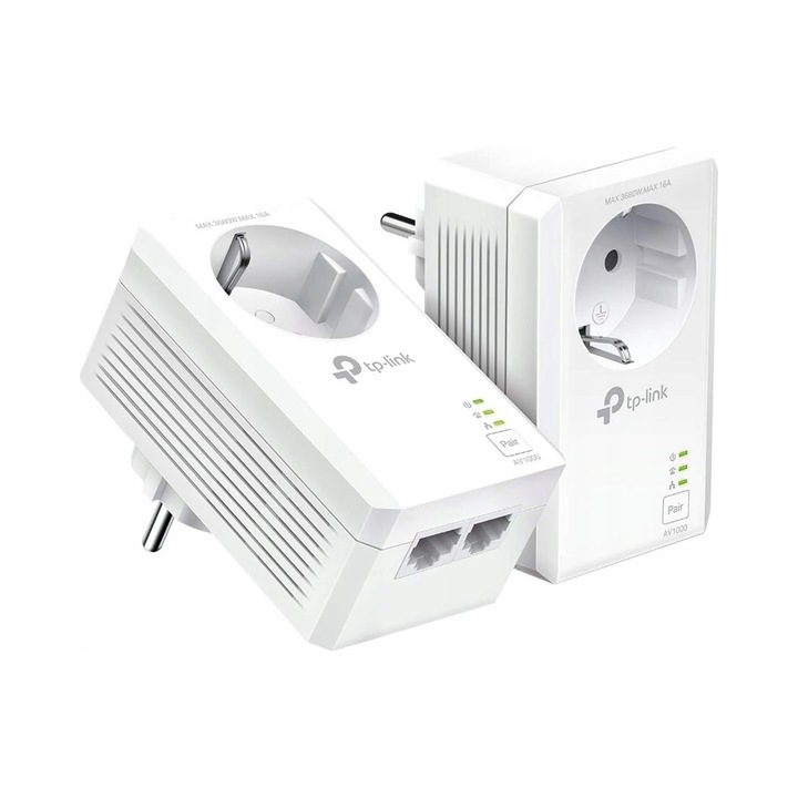 Adaptor powerline TP-Link TL-PA7027P KIT, AV1000, priza pas-through integrata, 2 porturi Ethernet, Alb, 2 buc