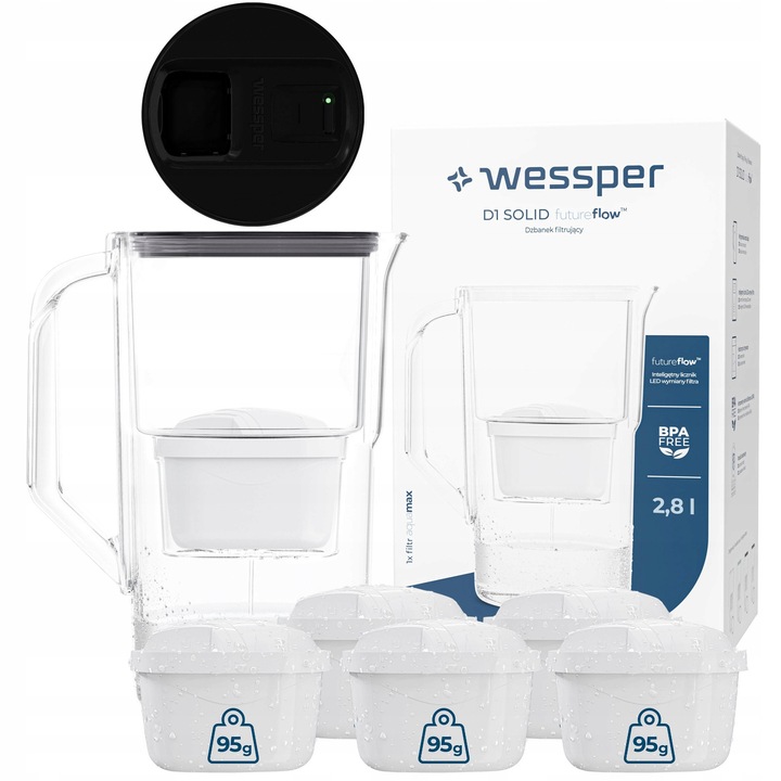 Cana filtranta Wessper D1 SOLID FutureFlow 2,8l, set 1 cana + 6 filtre aquamax, neagra