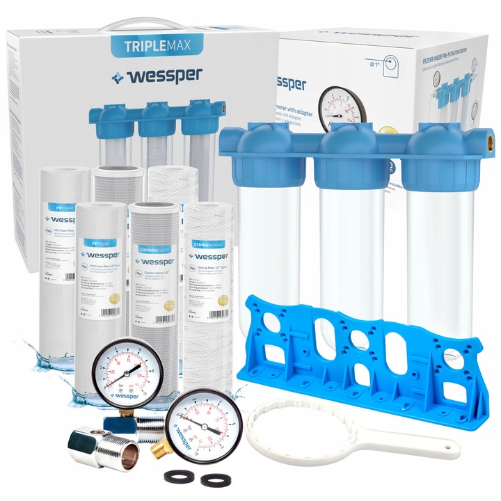 Sistem filtrare apa Wessper Triplemax 1" 3-stopniowy, 6x wklad, 2x manometru, 405x142x345mm