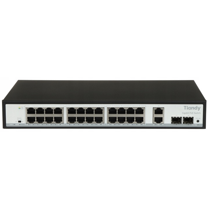 Tiandy 24-portos PoE switch, 10/100 Mb/s, grafit, 320x208x45mm