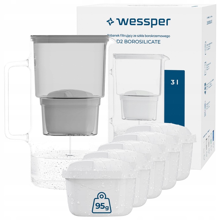 Cumparator filtrant din sticla Wessper D2 BOROSILICATE 3L, gri, set cu 6 filtre