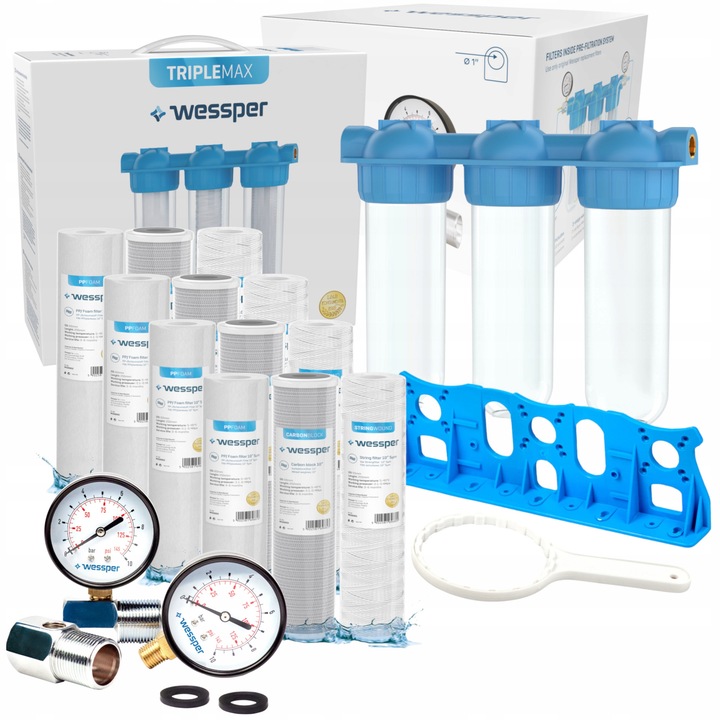 Sistem filtrare apa Wessper 1", 3-stopniowy, set cu 12 cartuse si 2 manometre