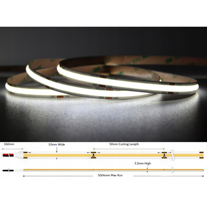 Лента LED COB 12W 24V, 480 чипа/м, бяла, 5м