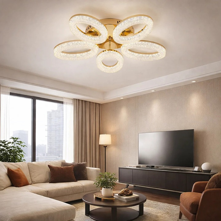 Lustra LED RFAN K3538/5GD, 5 LED-uri, Telecomandă, Argintiu, 55x55x11cm