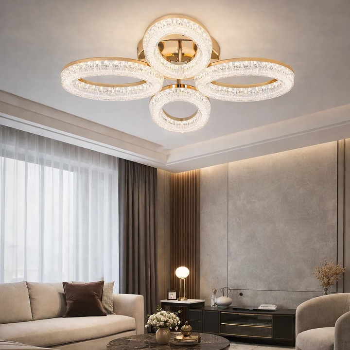 Lustra LED RFAN, Model K3538/4GD, Cu Telecomanda, 3 Tipuri De Lumina, Intensitate Reglabila, 80W, Auriu