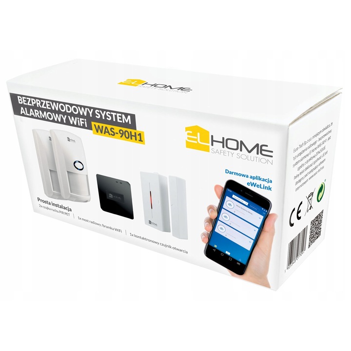 Set alarma wireless Eura-Tech El Home WAS-90H1, sistem mini WiFi 2.4GHz, control prin aplicatie eWeLink, 2 senzori PIR + 1 senzor contact, alb