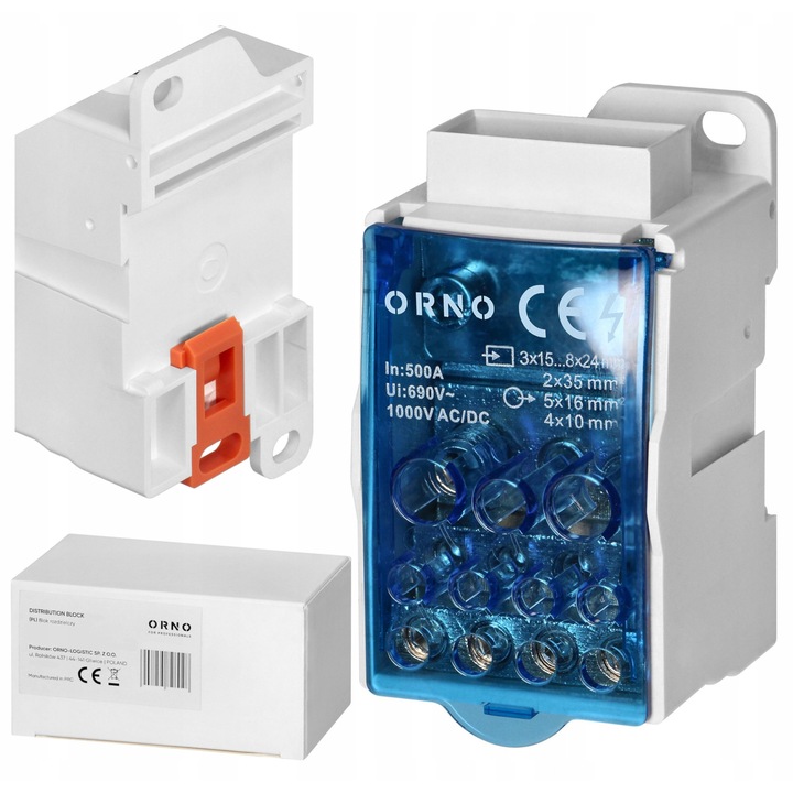 Orno elektromos elosztó blokk, 500A, DIN sínre szerelhető, 96x49x50mm, 11 kimenet