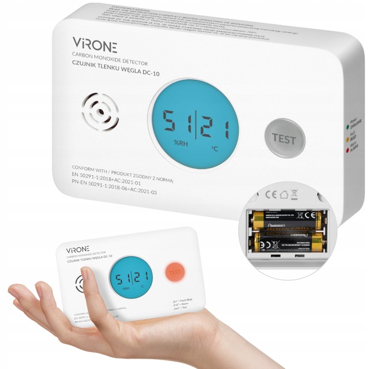 VIRONE szén-monoxid érzékelő, elektrokémiai szenzor, LCD kijelző, 2xAA elemes tápellátás, 10 év élettartam, méretek 126x77x34mm