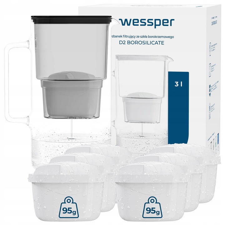 Cana filtranta Wessper D2 BOROSILICATE 3L, neagra, set cu 6 filtre