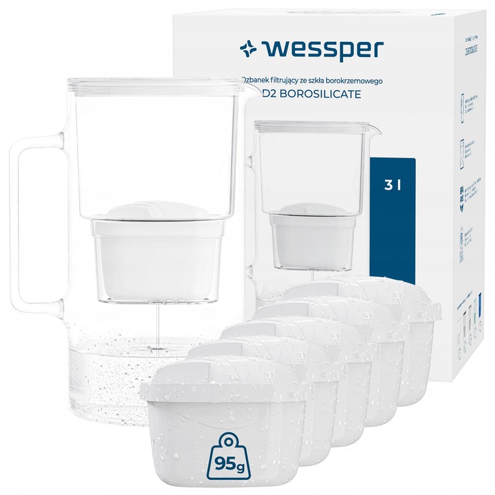 Cana filtranta Wessper D2 BOROSILICATE 3L alb, set 6 filtre