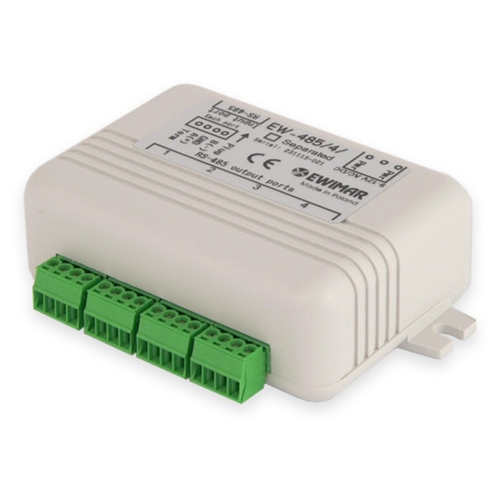 Distribuitor magistral RS-485, EWIMAR, model EW-485/4/2, 4 porturi Slave, protectie impotriva supratensiunii, dimensiuni 90x83x33mm