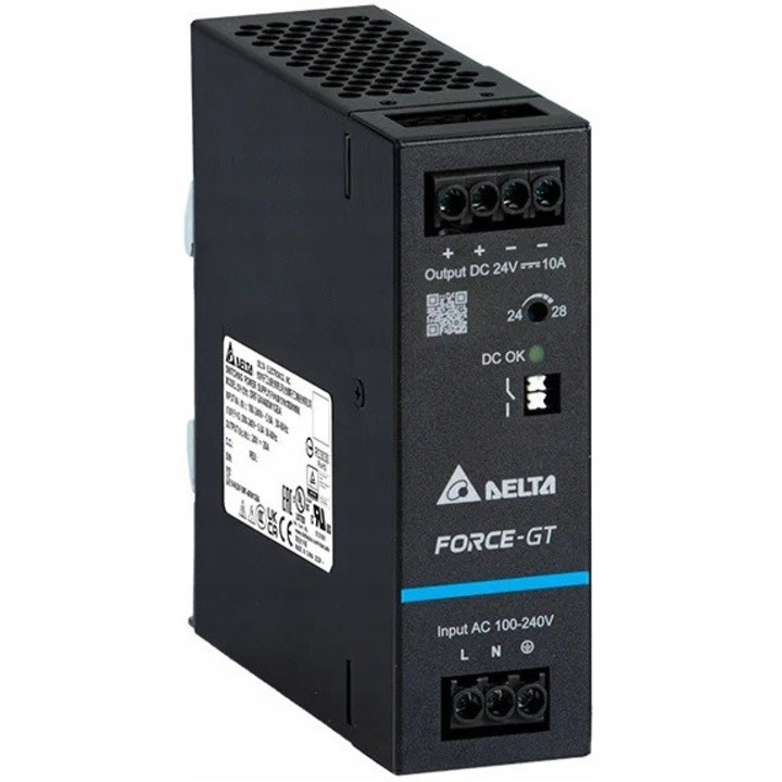 Sursa de alimentare 240W 10A 24V set, Delta Electronics, montare pe sina DIN, protectie la suprasarcina, dimensiuni 123,6x40x116,8mm