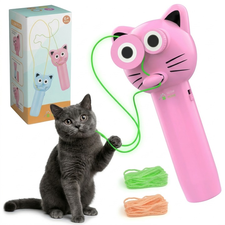 Jucărie Interactivă pentru Pisici și Câini, GlowforHome, Lansator Sfoară, Antistres, Roz, 2 Sfori Incluse