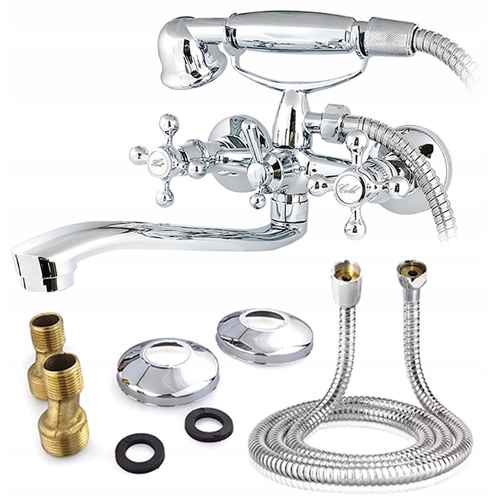 Maibang RETRO kétkaros fali kádcsaptelep, ezüst, zuhanygarnitúrával, mozgatható kifolyócsővel