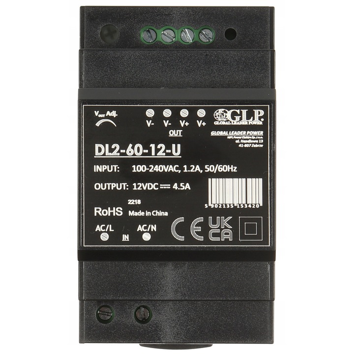 Sursa de alimentare industriala, 12V DC 4.5A 54W, 2 iesiri, dimensiuni 92.7x52x58mm, montare pe sina DIN