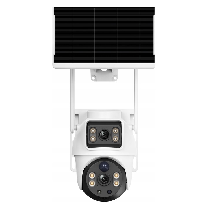 Camera IP solara Zintronic V33 GSM 6MPx, dublu obiectiv, rezistenta la intemperii, alb, set complet cu panou solar si card micro SD 128GB