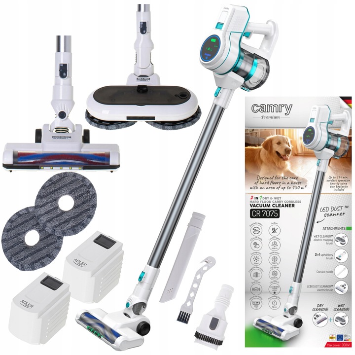 Вертикална прахосмукачка Camry CR 7075, 2 в 1, мокро и сухо почистване, бяла, 105,5x23,7x21,4см