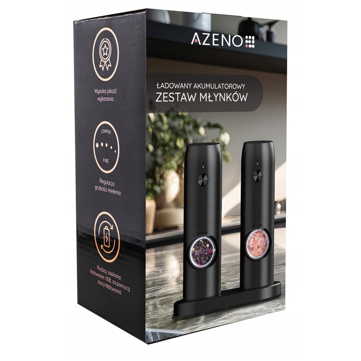 Set 2 Mlynki electrice pentru piper si sare, Azeno, 70ml, negru, incarcare USB tip-C