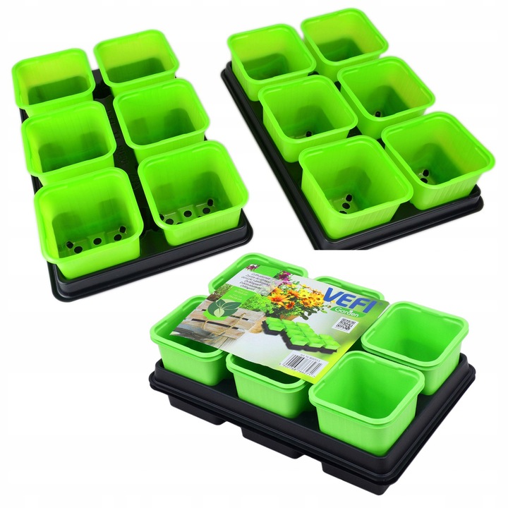 Ghivece răsaduri, Vefi, Set 12 piese, plastic rezistent, verzi, 8x8cm