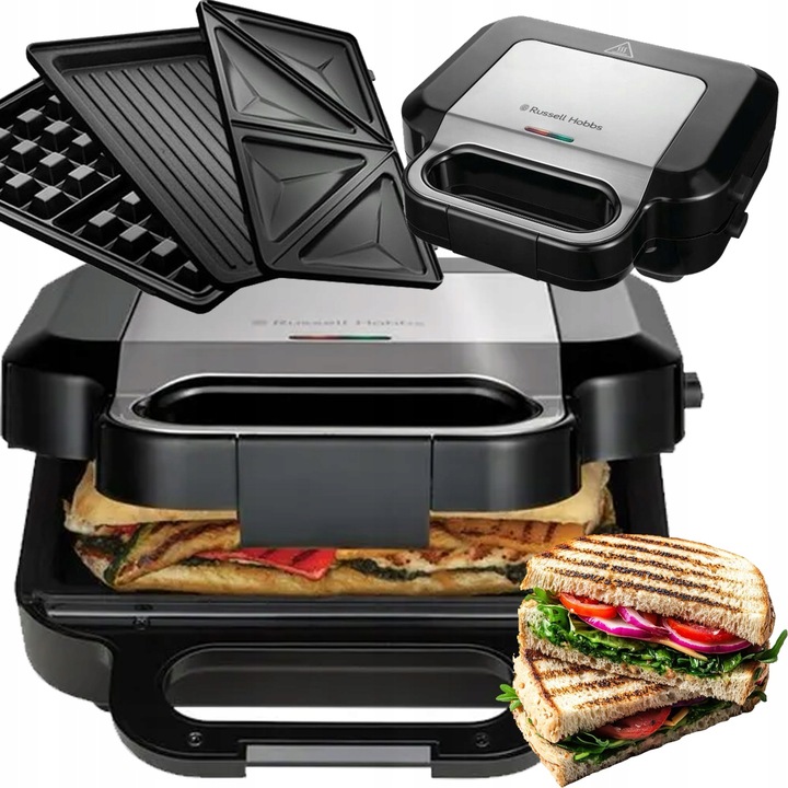 Tocator sandwich-uri 3 in 1, negru, set placi pentru gofre, panini si sandvisuri, Russell Hobbs