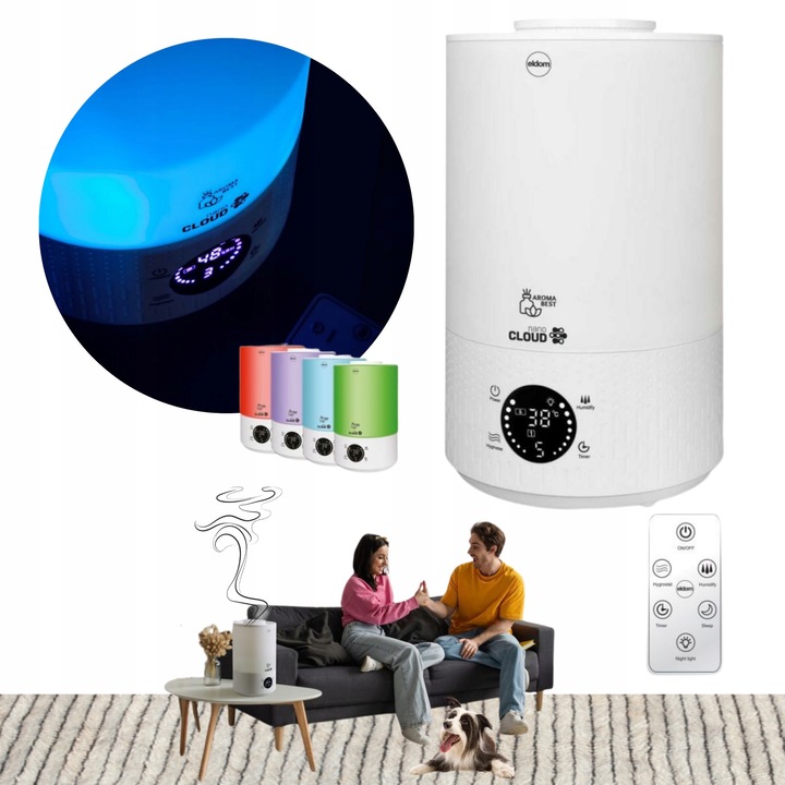 Ultrahangos párásító aromaterápiával, világítással, tartállyal és távirányítóval