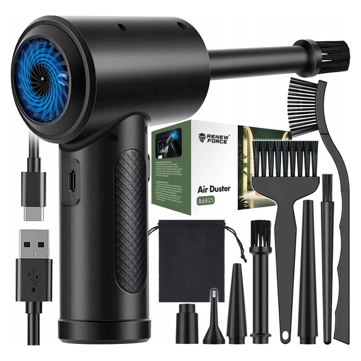 Aspirator de praf electric Renew Force 68W, 5 capete, 3 perii, USB-C, set complet