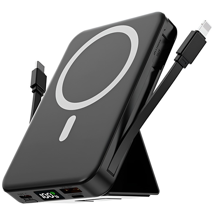 Külső akkumulátor, DaDen ZKD-01, 10000mAh, 15W vezeték nélküli töltés, integrált tartó, fekete