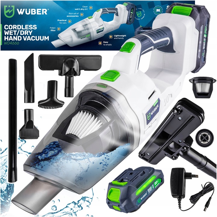 Wuber 120W autós porszívó, vezeték nélküli, fekete-fehér, 2 az 1-ben, HEPA szűrővel, teljes készlet