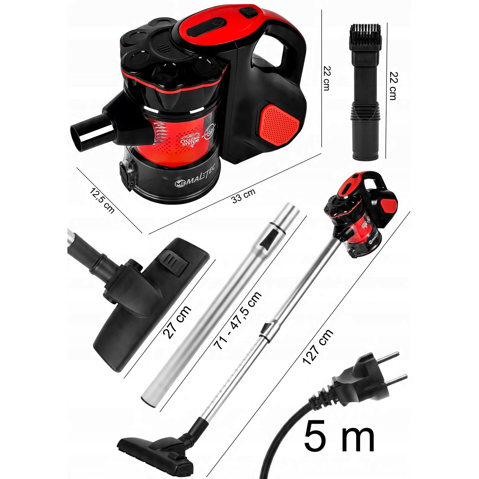Aspirator vertical MalTec 600W, fără sac, rezervor 0,5L, cablu 5m, set complet accesorii, negru