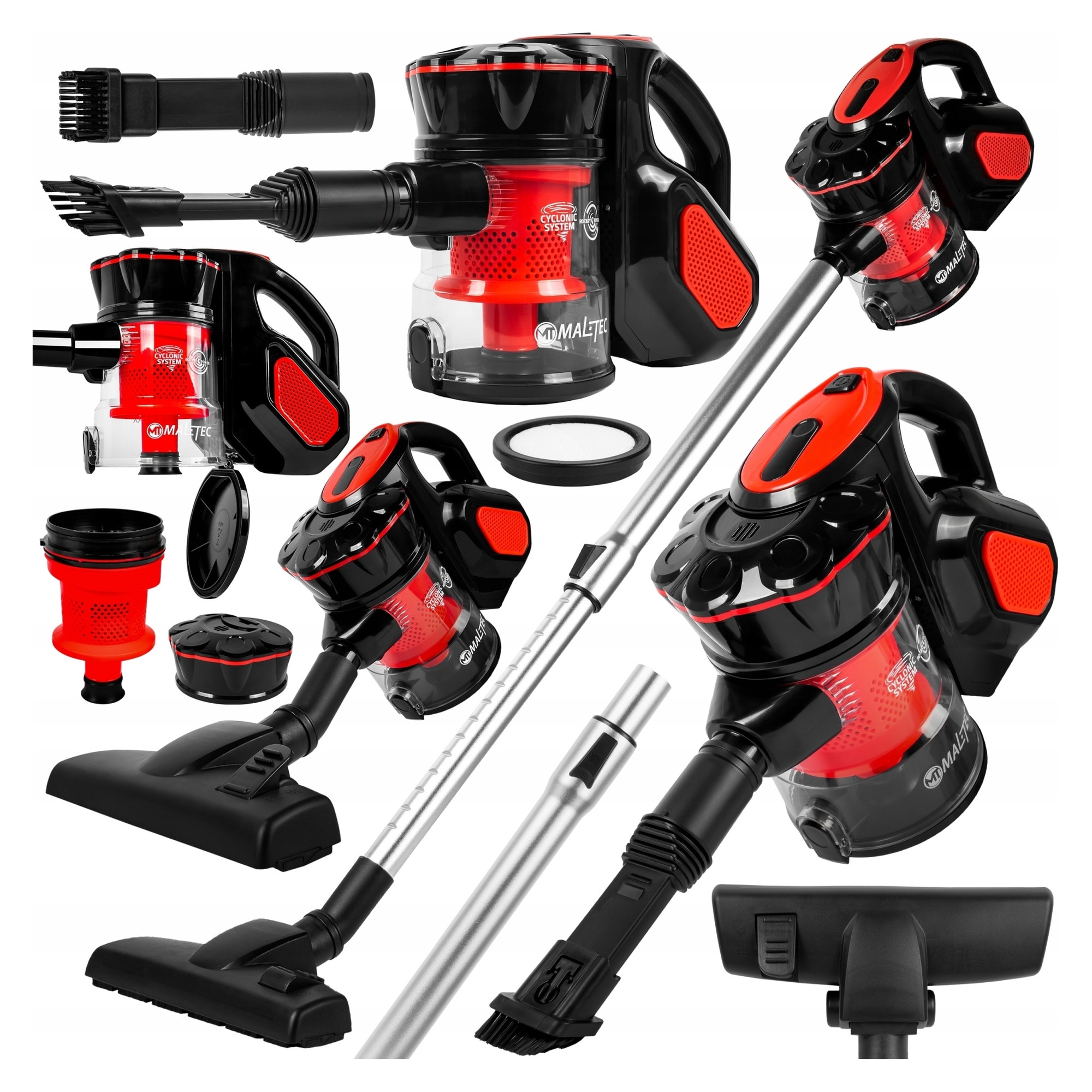 Aspirator vertical MalTec 600W, fără sac, rezervor 0,5L, cablu 5m, set complet accesorii, negru