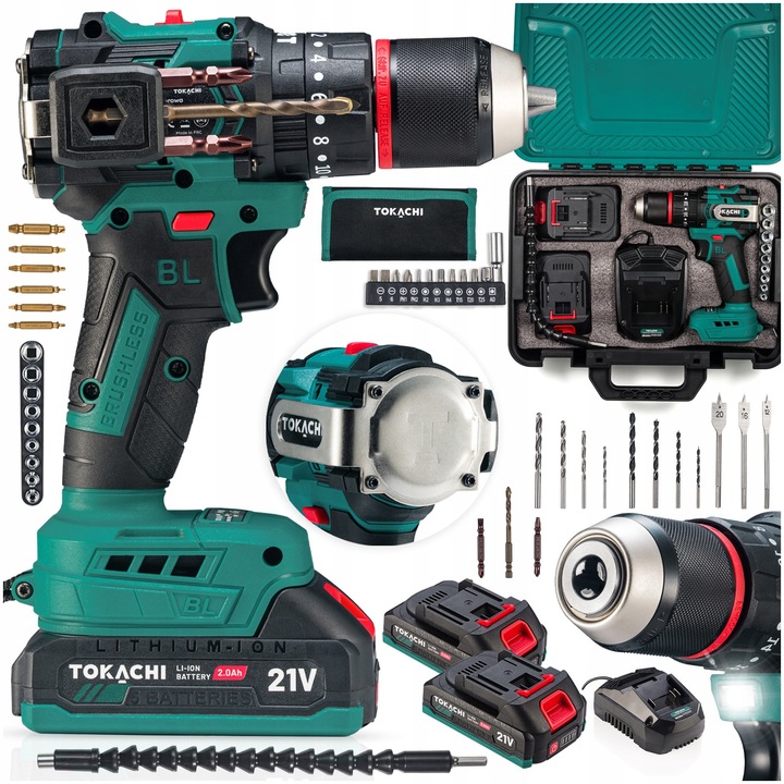 Masina de gaurit si insurubat cu acumulator Tokachi Torqueo BL 13, 2x acumulator 21V, metalica, 13mm