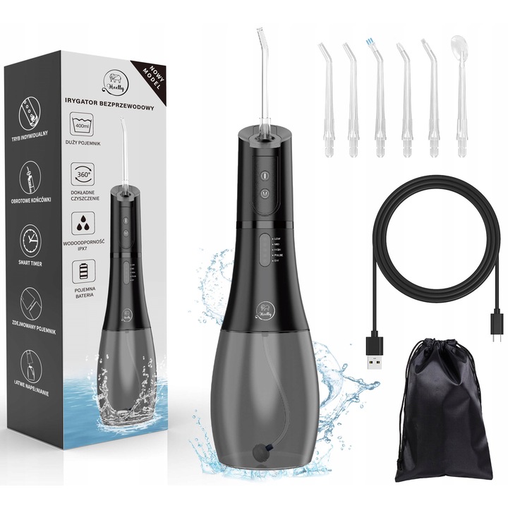 Heelly vezeték nélküli szájzuhany, 400 ml, 5 mód, fekete, 6 fúvókás készlet