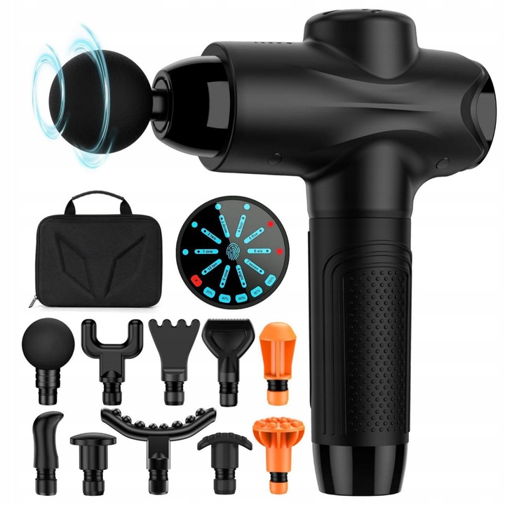 Pistol de masaj Herz Medical HMG-01, 10 capete, acumulator 3200mAh, culoare neagră, set complet