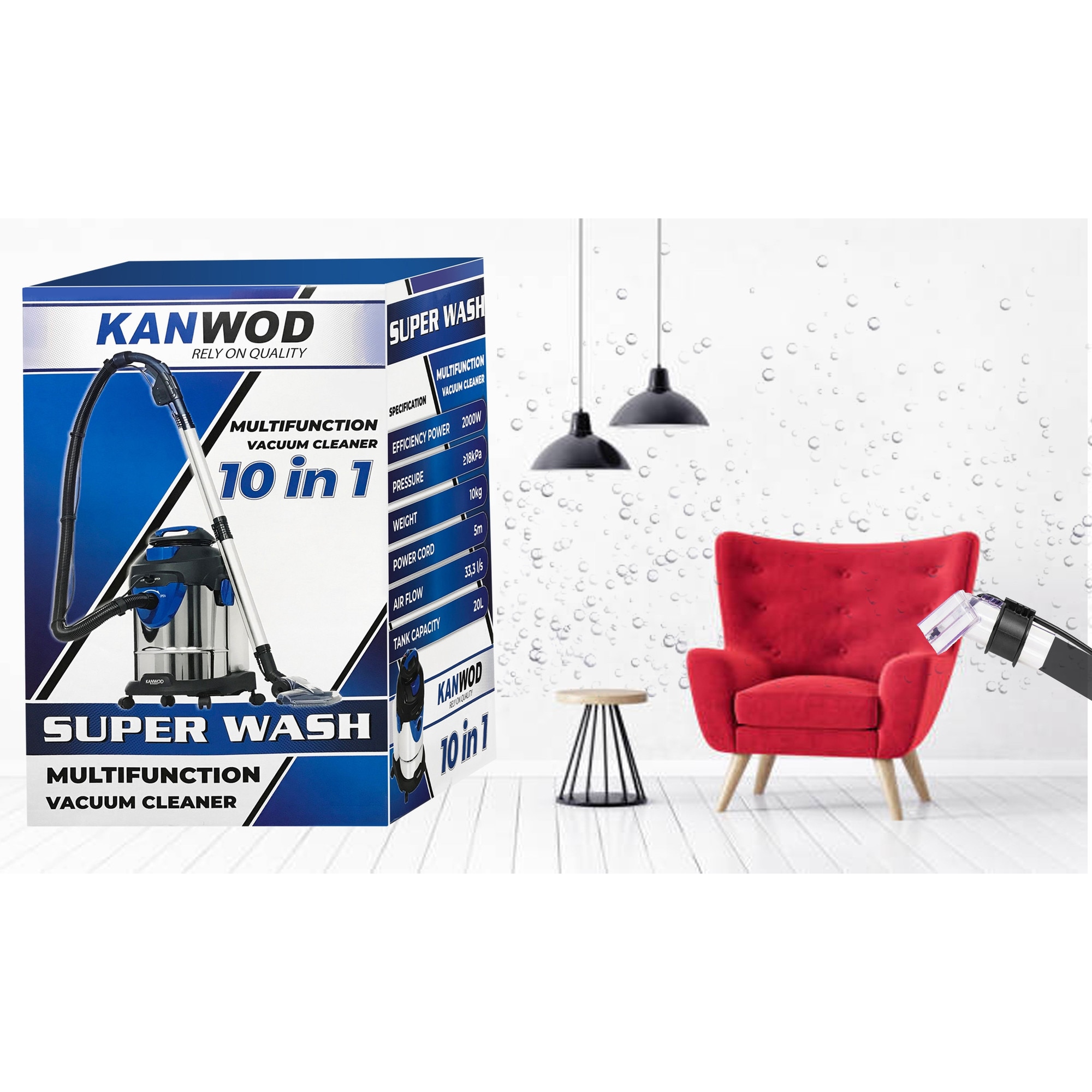 Aspirator Kanwod Super Wash 2000W, set complet, 20L, multicolor, 330x370x500mm