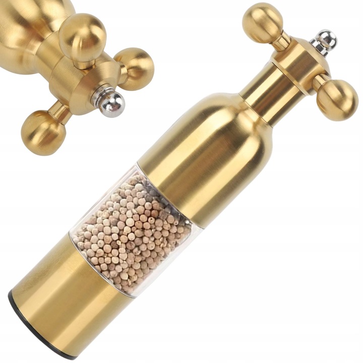 Mlin de condimente manual, zlat, 21cm, design retro, pentru piper si sare