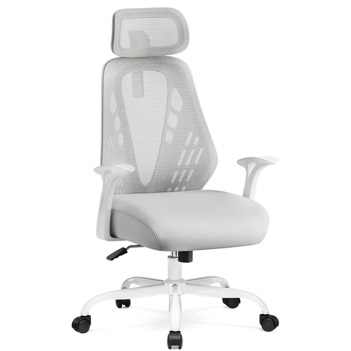 Scaun de birou ergonomic, înălțime reglabilă, cotiere fixe, gri