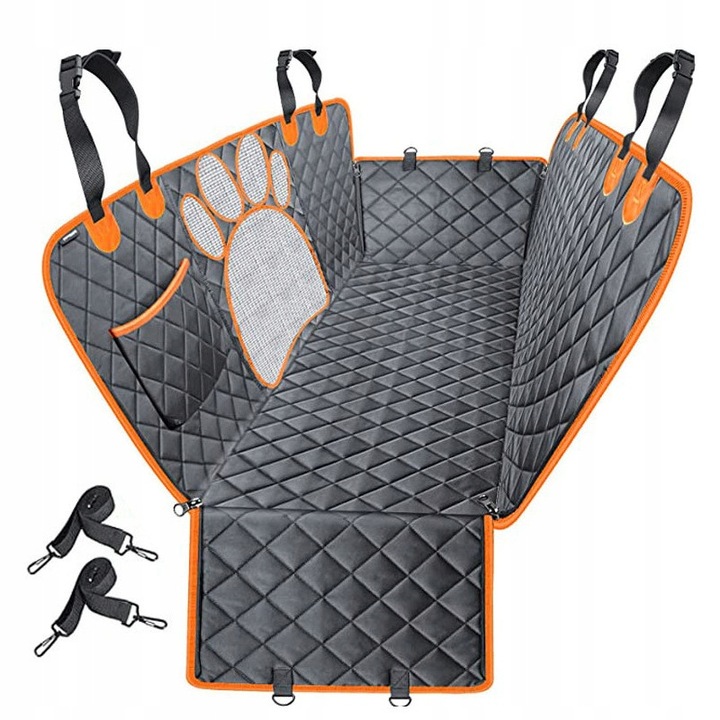Protectie auto universala pentru caini, protectie, impermeabila, neagra cu portocaliu, 600D poliester, pentru bancheta si spatar